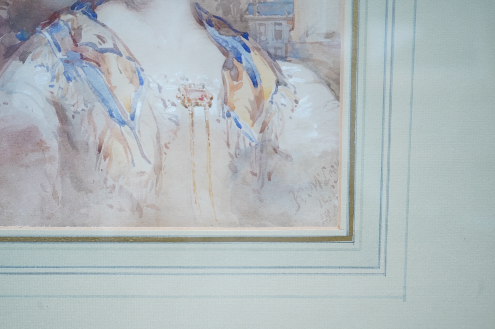 Kenneth Macleay RSA (Scottish, 1802-1878), Half length portrait of a young woman in a landscape setting, signed and dated 184?, watercolour heightened with white, 41 x 17cm